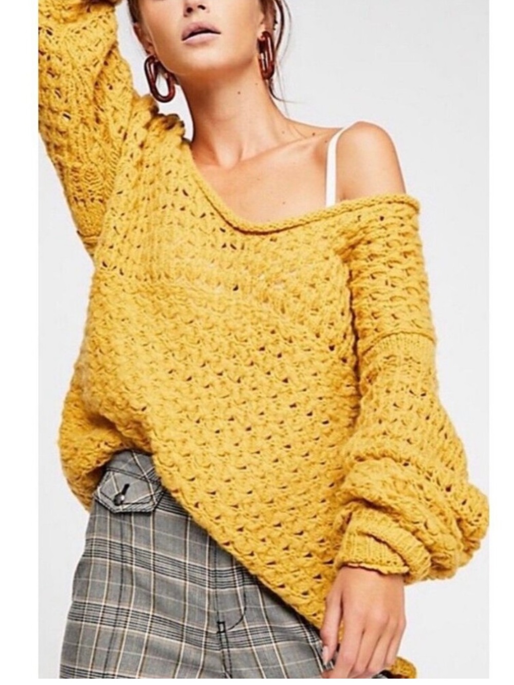 Free People Crashing Waves Open Knit Oversized Mustard Yellow Sweater, Medium